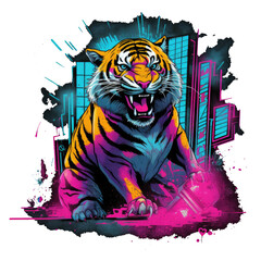 A rock and roll tiger t-shirt design featuring a snarling and wild illustration of a tiger, highlighted by neon pink and blue colors, Generative Ai