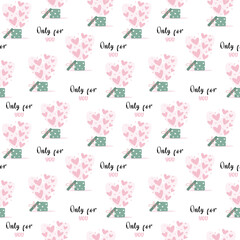 Vector seamless pattern with gift boxes, hearts and text on a white background. Perfect for gift design, print, wrapping paper, wallpaper, scrapbooking, textile, kids fashion, etc.