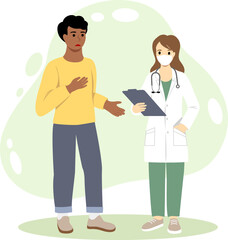 Vector illustration of a doctor consultation in a mask with a sad dark-skinned patient. Therapist in a white coat. Modern medical services and consultation concept. Vector illustration in a flat style