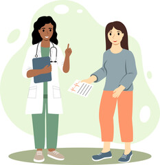 Vector illustration of dark-skinned doctor consultation with girl patient. Therapist in a white coat. Modern medical services and consultation concept. Vector illustration in a flat style.