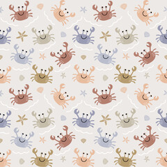 Vector seamless childish pattern with colorful crabs, shells and starfish on a blue background. Suitable for baby prints, nursery decor, wallpaper, wrapping paper, stationery, scrapbooking, etc.