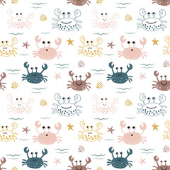 Vector seamless children's pattern with colorful crabs, shells and starfish on a white background. Suitable for baby prints, nursery decor, wallpaper, wrapping paper, stationery, scrapbooking, etc.