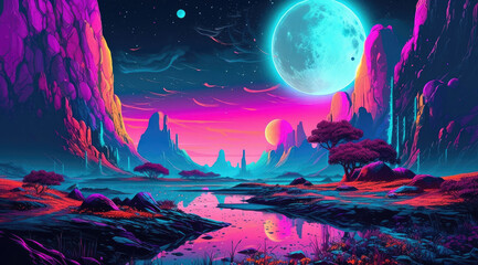 Fototapeta na wymiar A 3D planet Illustration with a Nostalgic 90's Vibe and Vivid Neon Colors, generative ai