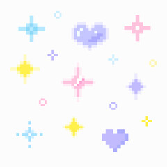 Obraz premium Sparkling pixel set, vector sparkling pixel set, pastel heart pixel art, Bright yellow pink purple blue sparkling pixel
