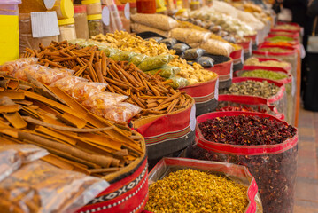 Sale of spices on the east market. kasia, cinnamon, chamomile. High quality photo