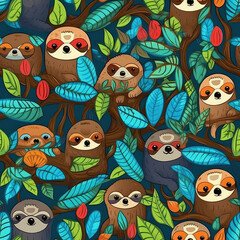 Naklejka premium Cute sloths seamless repeat pattern - kawaii colorful cubism, abstract art, trippy psychedelic [Generative AI] 