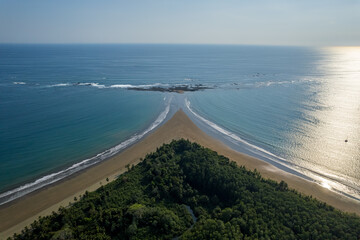 Beautiful aerial view of the majestic whale tale in the beach of the National park Marino Ballena in Costa Rica