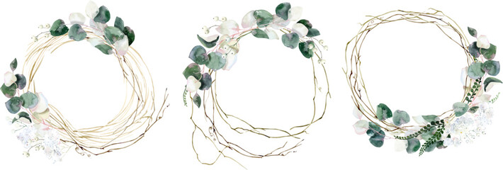 Watercolor vector wreath with silver eucalyptus, watercolor Eucalyptus wreaths, Save the date Watercolor eucalyptus. For wedding, birthday, party, save the date. Vector illustration