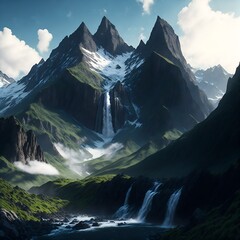 A majestic mountain landscape, stretching as far as the eye can see, with towering peaks, cascading waterfalls, and serene valleys. Generative ai