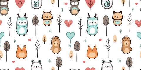 Cute design element. Seamless pattern. Cute cartoon animals. Pattern with animals for postcards, textiles, thermal printing, various types of printing. Creative doodle style.Print