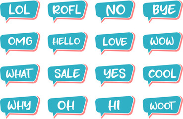 Bubble talk vector icon, Bubble talk phrases. Online chat clouds with different words comments information shapes vector