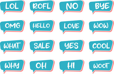 Bubble talk vector icon, Bubble talk phrases. Online chat clouds with different words comments information shapes vector