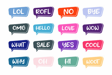 Bubble talk vector icon, Bubble talk phrases. Online chat clouds with different words comments information shapes vector