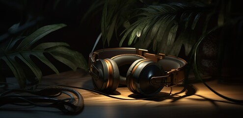 Fototapeta premium Soundscapes Unveiled: AI-Crafted Close-Up of Headphones for Musical Listening
