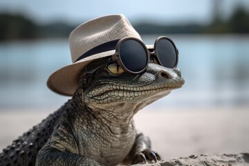 AI-generated crocodile with glasses and a hat on the sea beach