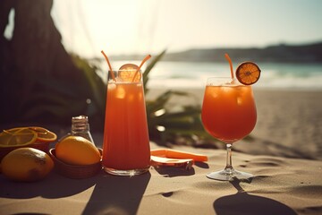 Cocktails on the background of the sea beach generated by AI - obrazy, fototapety, plakaty