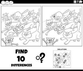 differences game with cartoon running cats coloring page