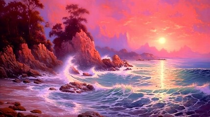 Fototapeta premium Sunset on the tropical beach, island, regenerative AI