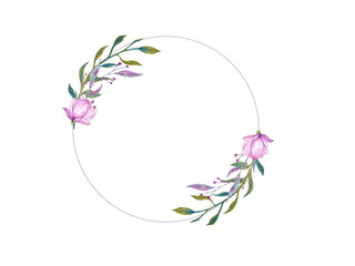 Watercolor composition of flowers and leaves in the form of a wreath. Hand-drawn illustration, isolated background. Suitable for wedding invitations, packaging, postcards and printed products.