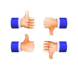 Cartoon 3d hands with thumb up and down gesture. Vector illustration.