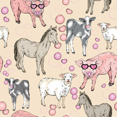 Cute farm animals horse, sheep, pig, calf with chewing gum. Illustration of funny animals