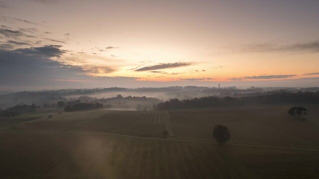 aerial view of the mist in the plains of saint emilion