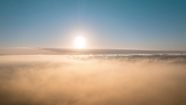 Hyperlapse Drone sea of ​​mist in saint emilion at sunrise