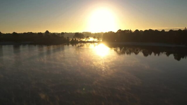 drone aerial timelapse over hostens lake at sunrise