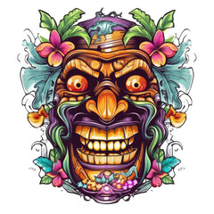 A psychedelic tiki crew beach bar t-shirt design with a detailed and intricate tiki face, surrounded by swirling waves and colorful exotic flowers, Generative Ai