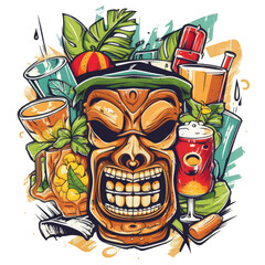 A retro-chic tiki crew beach bar t-shirt design with a sophisticated and stylish tiki mask, surrounded by vintage cocktails and palm leaves, Generative Ai
