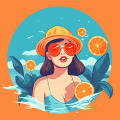 A woman in a hat and sunglasses stands on a beach with oranges. AI generative