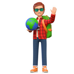 Fototapeta premium traveler holding luggage and holding earth 3d character cartoon illustration