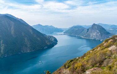 Panorama of lake Lugano with Monte San Salvatore from Monte Bre, Ticino, Switzerland