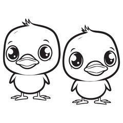 Twin Cute Baby Cock Animal For Coloring Book Or Coloring Page For Kids Vector Clipart Illustration