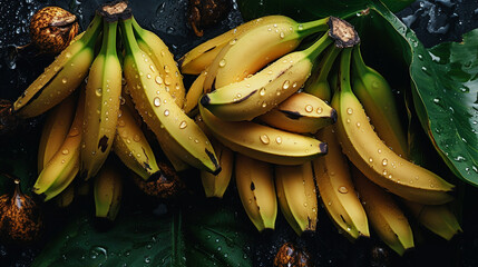A close-up of many fresh bananas with water drops and leaves