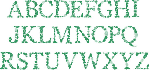 Font made with leaves, floral alphabet letters