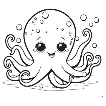 Cute Happy Baby Octopus Animal For Coloring Book Or Coloring Page For Kids Vector Clipart Illustration