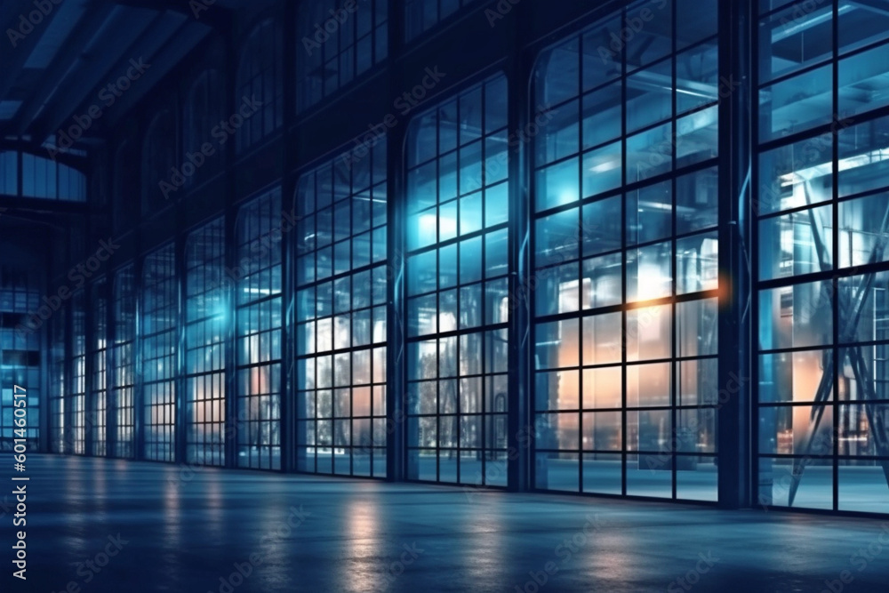 Wall mural exterior of big modern warehouse with windows at night, ai generative