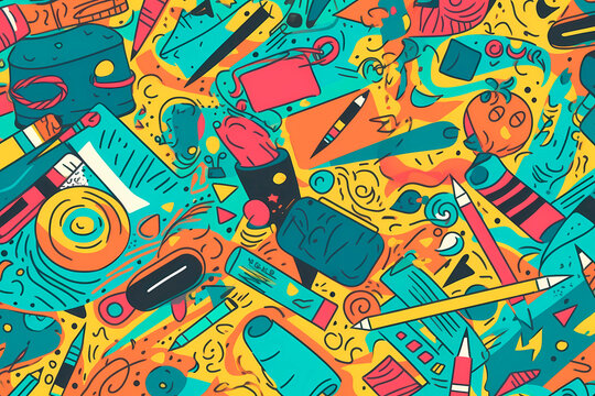 Generative AI illustration of abstract background with various gadgets and pencils placed among colorful figures