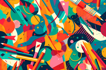 Generative AI illustration of colorful pencils placed on abstract background with various multicolored lines and circles