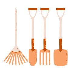 Different tools for garden. Shovel, pitchwork, broom. Vector illustration