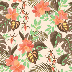 Floral seamless pattern with tropical leaves. Palm leaf, orchid, plumeria flowers.