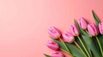 Bouquet of pink tulips on pastel pink background. Horizontal background design with copy space. Generative AI.