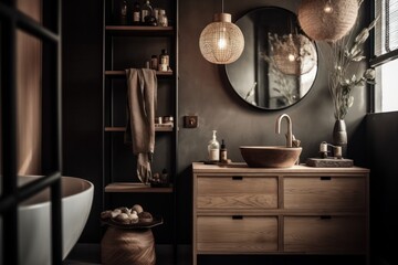 Elegant 3D Rendered Bathroom, Fusing Boho Design, Japandi Aesthetics, LED Lights, and a Luxurious Freestanding Bathtub....