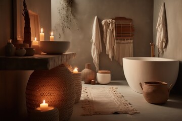 Elegant Bathroom, Fusing Boho Design, Japandi Aesthetics, LED Lights, and a Luxurious Freestanding Bathtub....