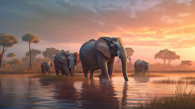 A family of elephants bathing in a watering hole, showcasing their gentle nature and strong family bonds in a serene scene, Generative AI