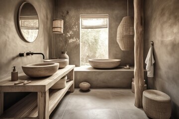 Serene 3D Rendered Bathroom, Showcasing Boho Scandinavian Elements in a Harmonious Space.