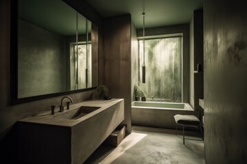 Elegant 3D Rendered Bathroom, Fusing Boho Design with Japandi Aesthetics for a Unique Ambiance....