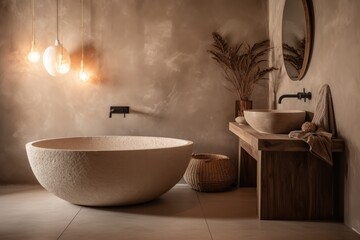 Elegant 3D Rendered Bathroom, Fusing Boho Design with Japandi Aesthetics for a Unique Ambiance.... - 601461353