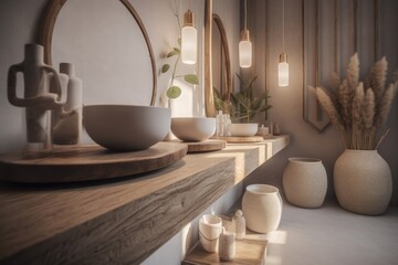 Fototapeta na wymiar Elegant 3D Rendered Bathroom, Fusing Boho Design with Japandi Aesthetics for a Unique Ambiance....
